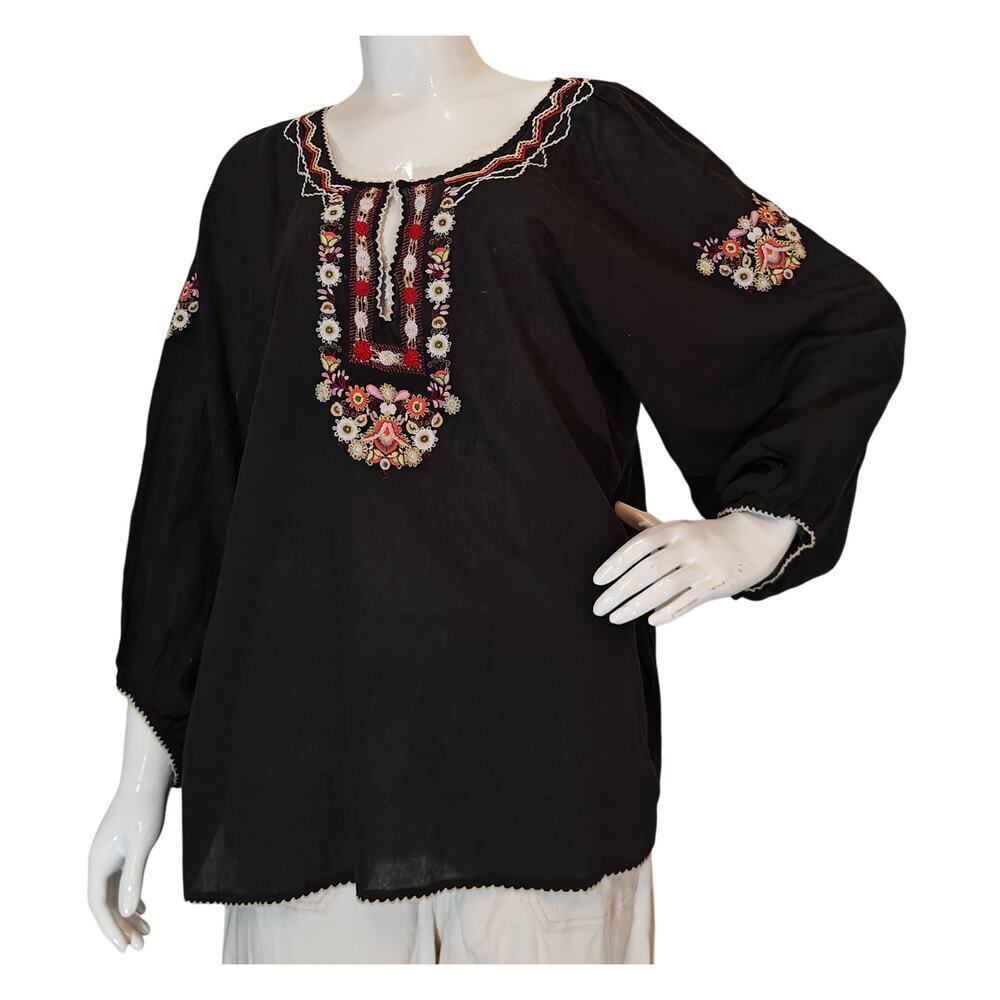 Joie Black Embroidered Boho Blouse Floral Peasant Top Large